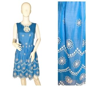 NWT Collette Dinnigan Summer Sky Short Day Dress with Cutwork Embroidery Size L.